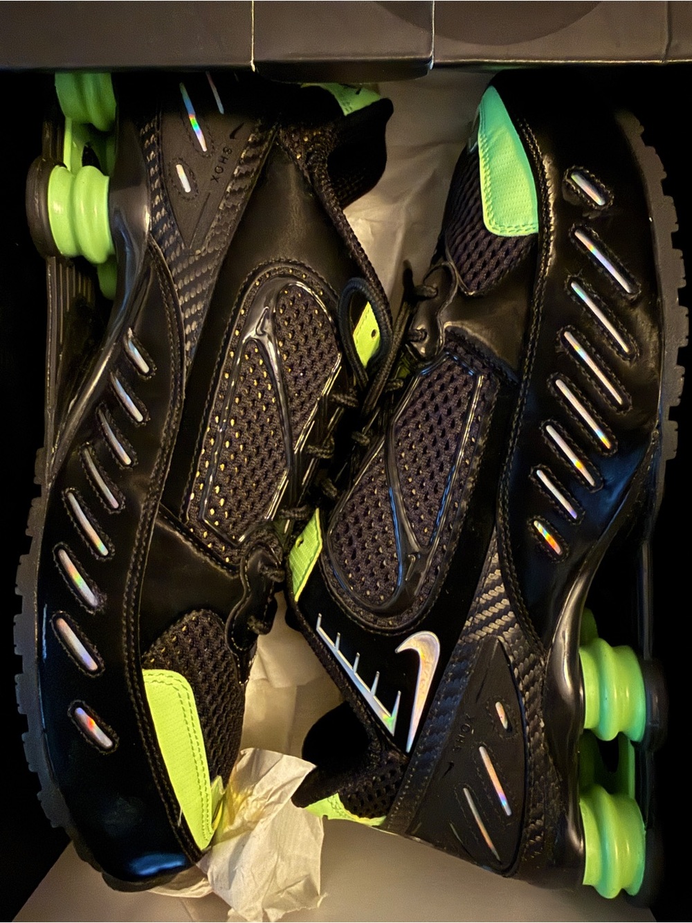 Nike Black and Neon Green Shox Athletic Sneakers